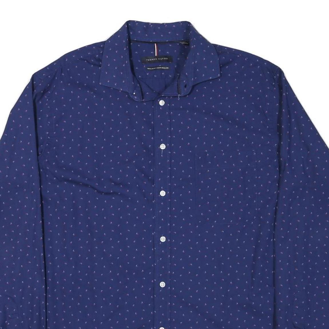 TOMMY HILFIGER Mens Blue & Pink Cotton Blend Shirt L Long Sleeve Button Casual
