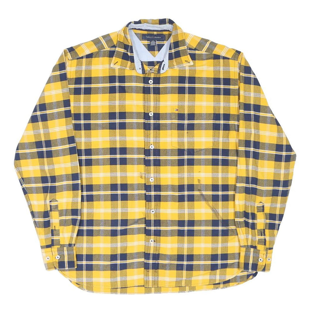 TOMMY HILFIGER Mens Yellow Navy Check Shirt M Cotton Classic Casual Long Sleeve
