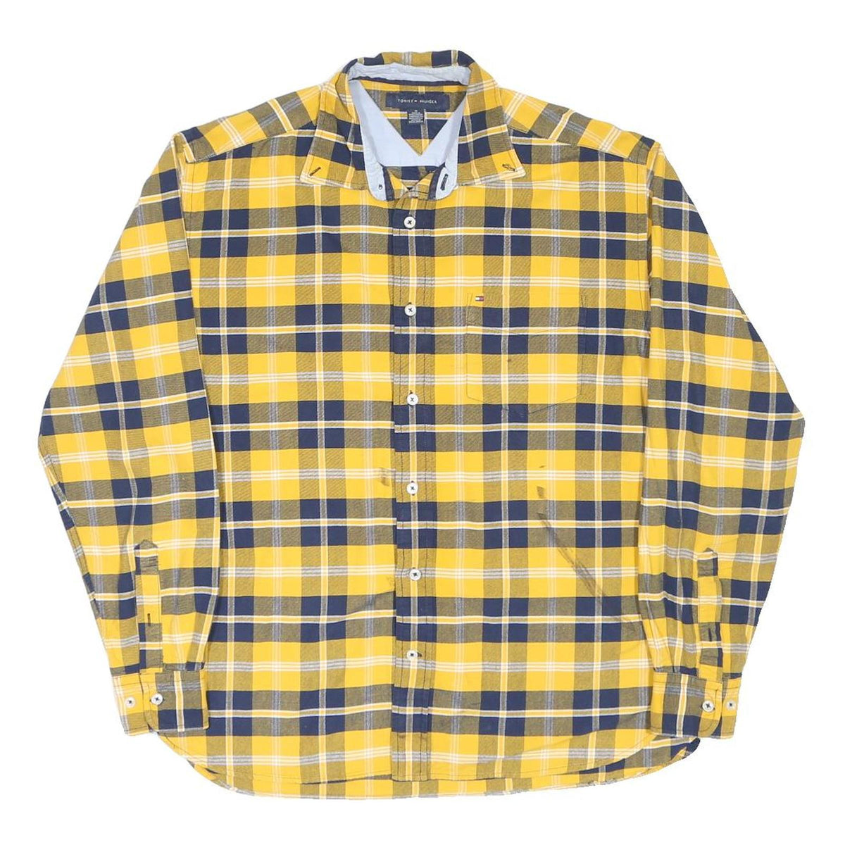 TOMMY HILFIGER Mens Yellow Navy Check Shirt M Cotton Classic Casual Long Sleeve