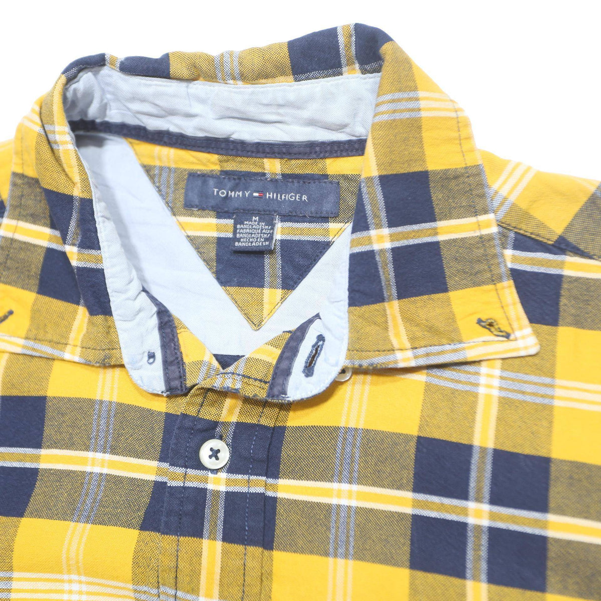 TOMMY HILFIGER Mens Yellow Navy Check Shirt M Cotton Classic Casual Long Sleeve
