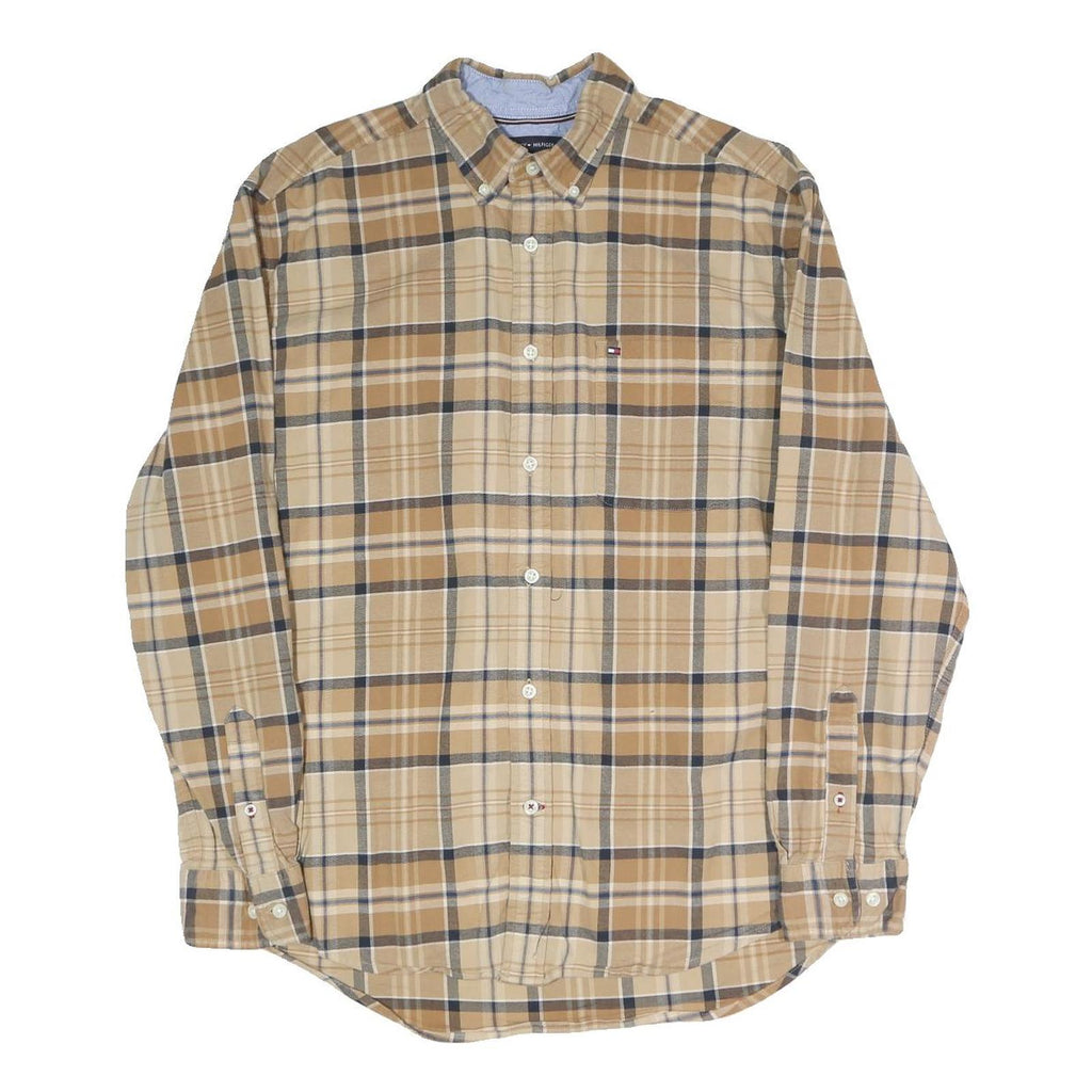 TOMMY HILFIGER Mens Beige & Brown Checked Shirt M Long Sleeve Cotton Blend