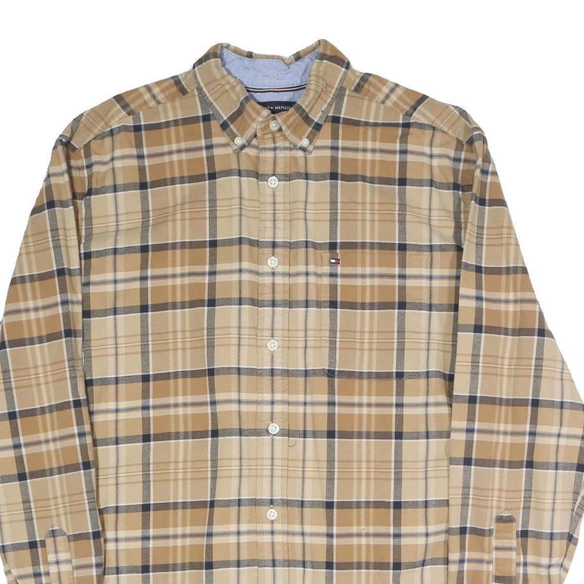 TOMMY HILFIGER Mens Beige & Brown Checked Shirt M Long Sleeve Cotton Blend