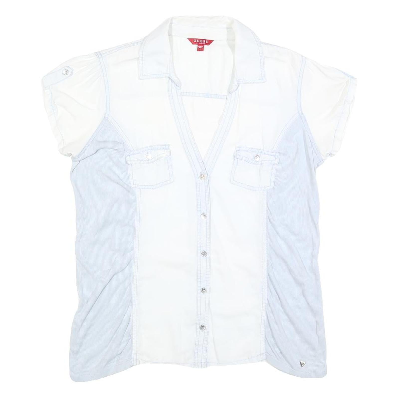 GUESS Womens White & Light Blue Shirt L Cotton Blend Summer Casual