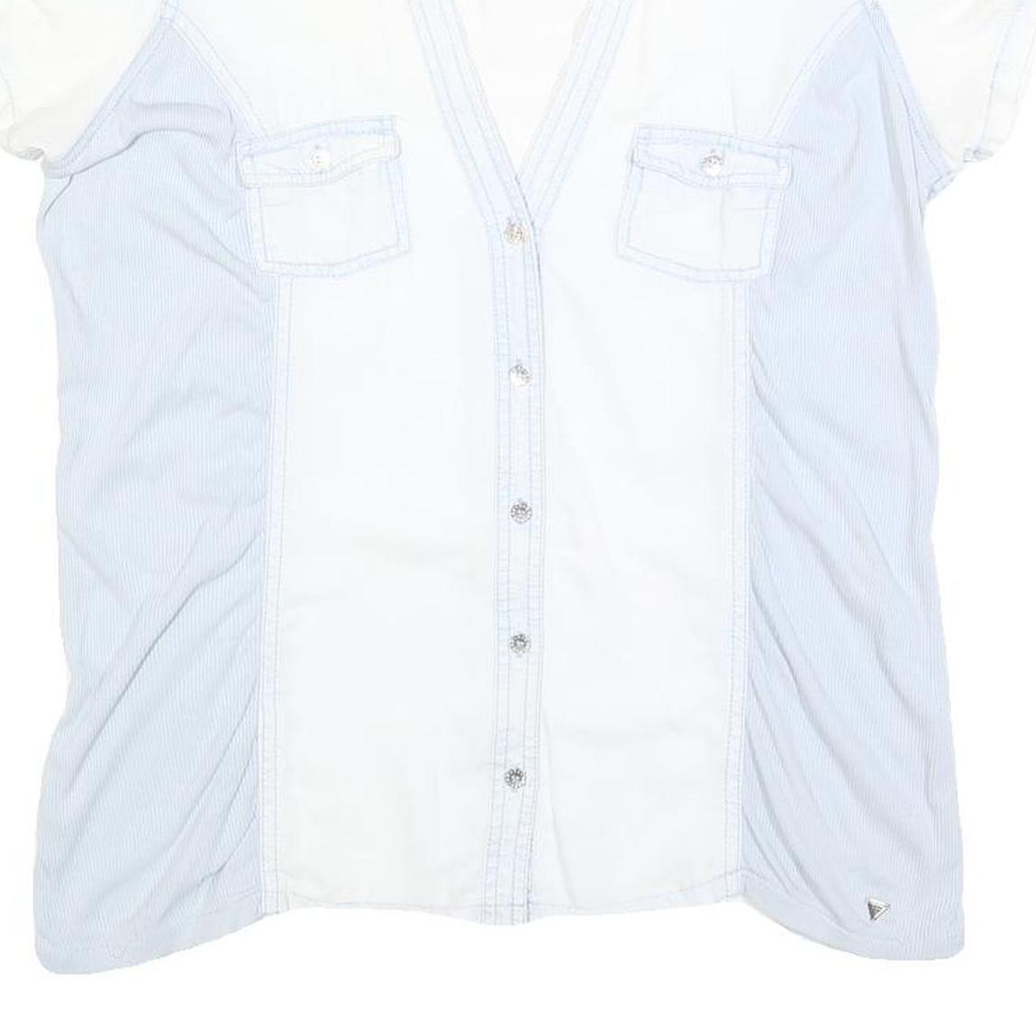 GUESS Womens White & Light Blue Shirt L Cotton Blend Summer Casual