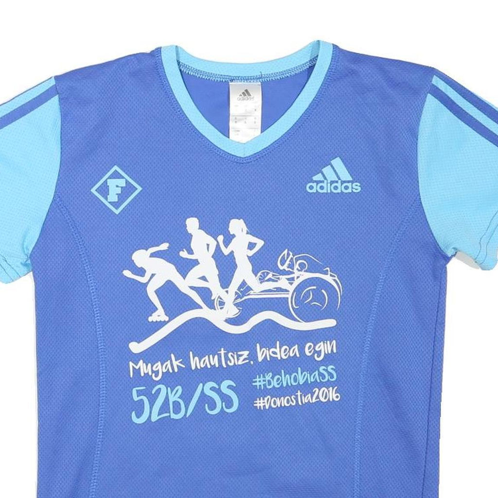 ADIDAS Womens Blue & Light Blue Graphic T-Shirt S Short Sleeve V-Neck Sports