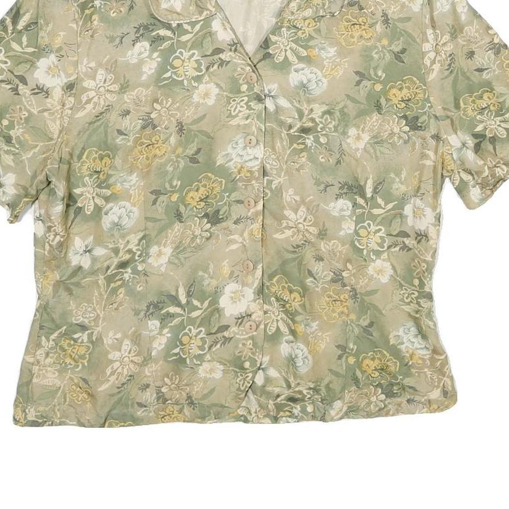 ANNA AND FRANK Womens Green Beige Floral Blouse Short Sleeve Collared M Silk