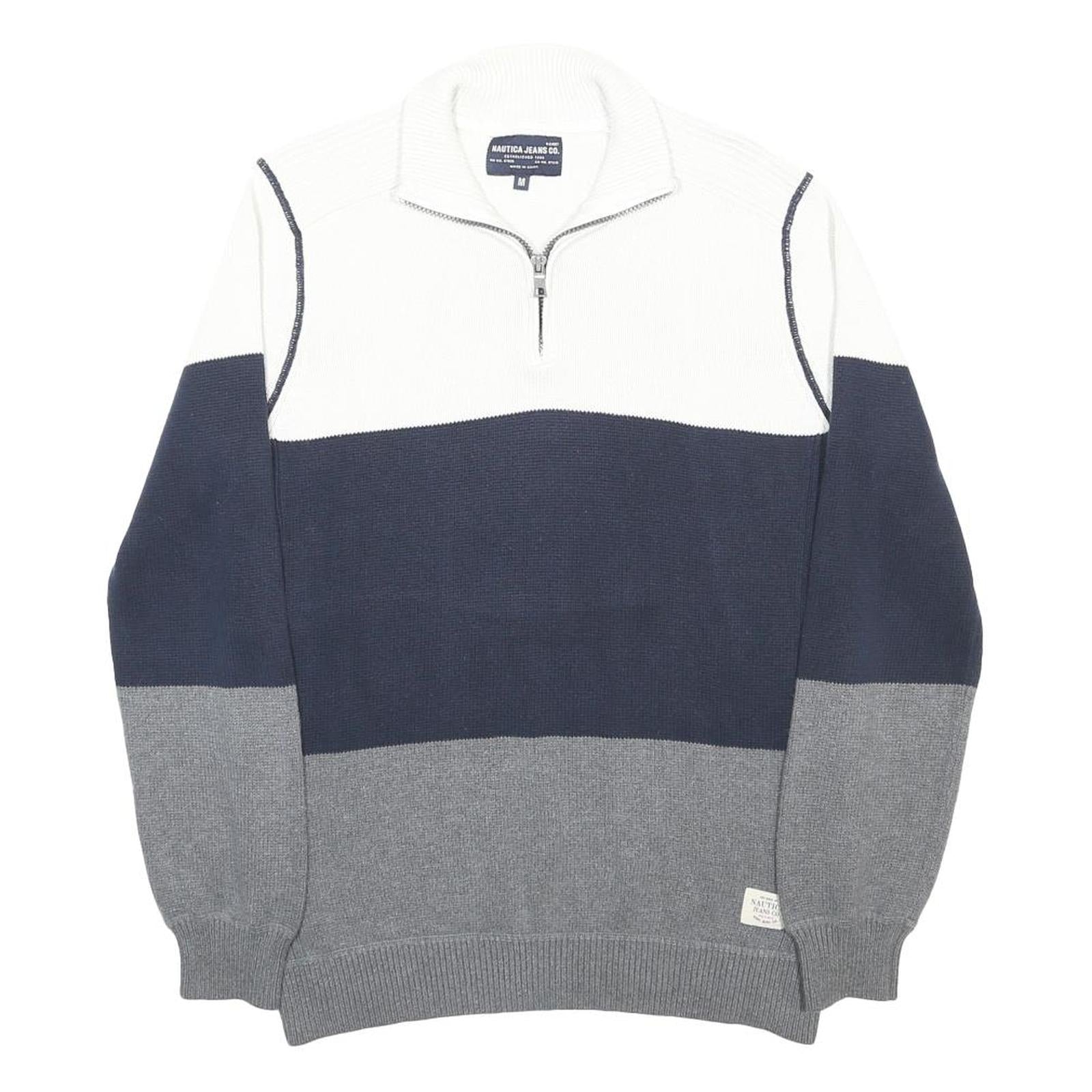 NAUTICA Mens White & Navy & Grey Patterned Cotton Pullover Jumper M Half Zip