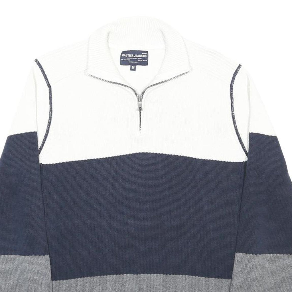 NAUTICA Mens White & Navy & Grey Patterned Cotton Pullover Jumper M Half Zip