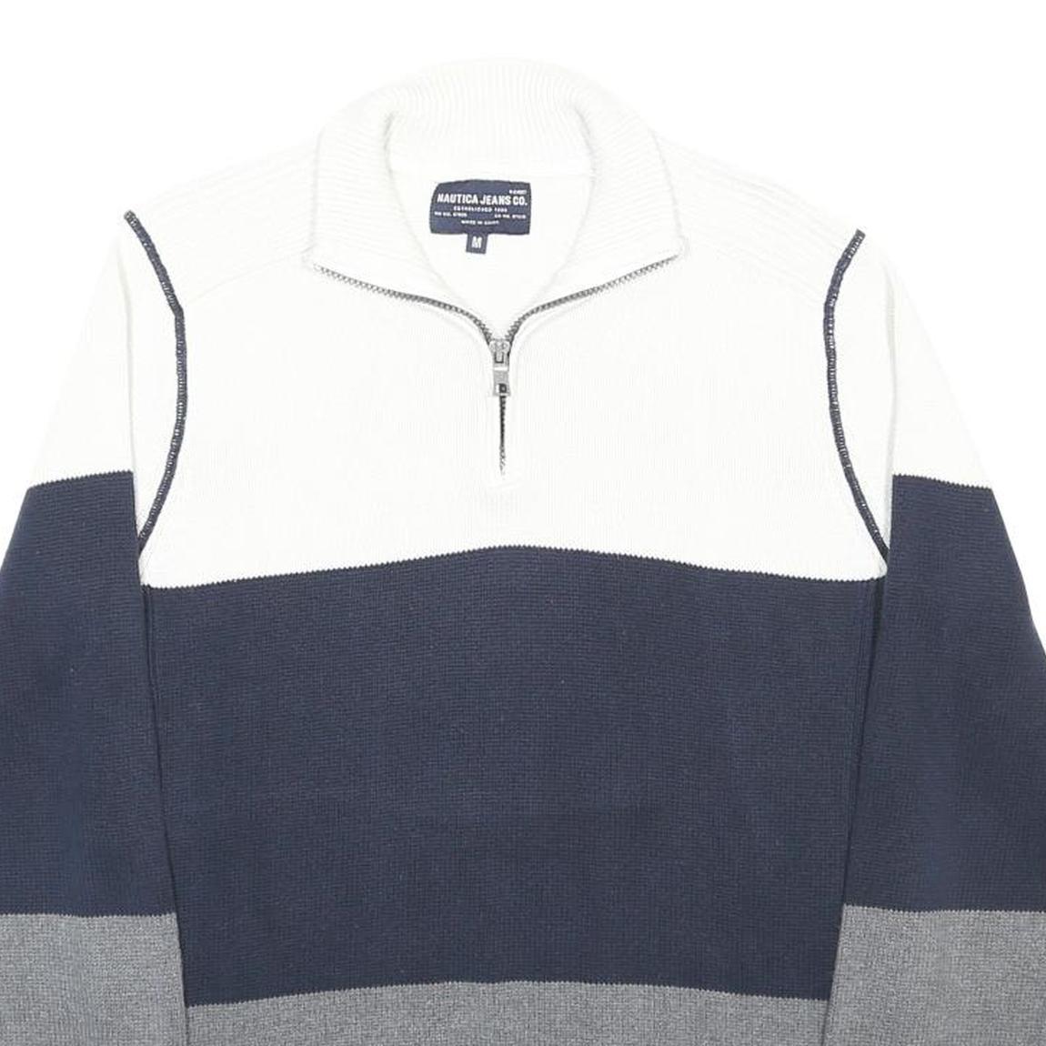 NAUTICA Mens White & Navy & Grey Patterned Cotton Pullover Jumper M Half Zip