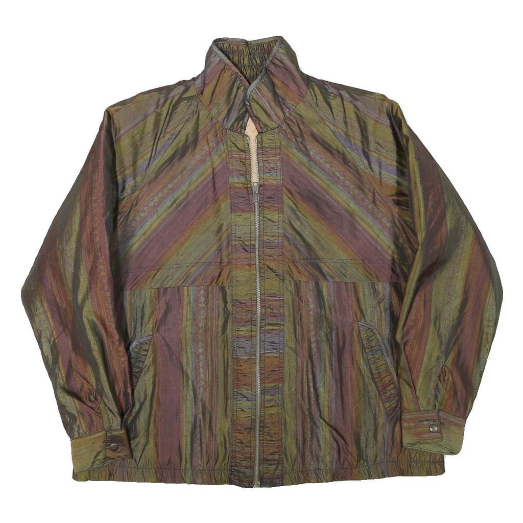 Womens Green & Brown Striped Casual Jacket M Polyester Blend Zip Plain
