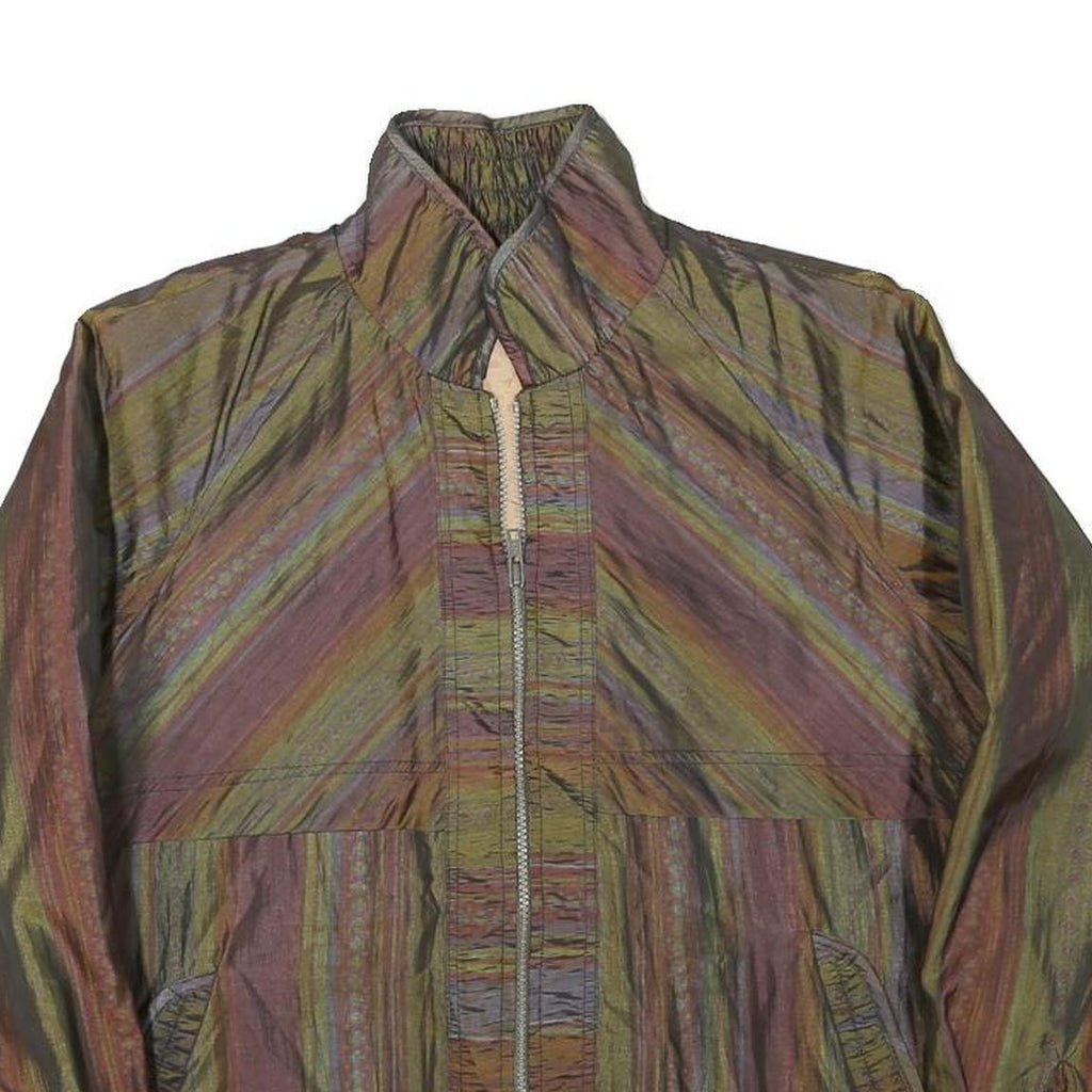 Womens Green & Brown Striped Casual Jacket M Polyester Blend Zip Plain