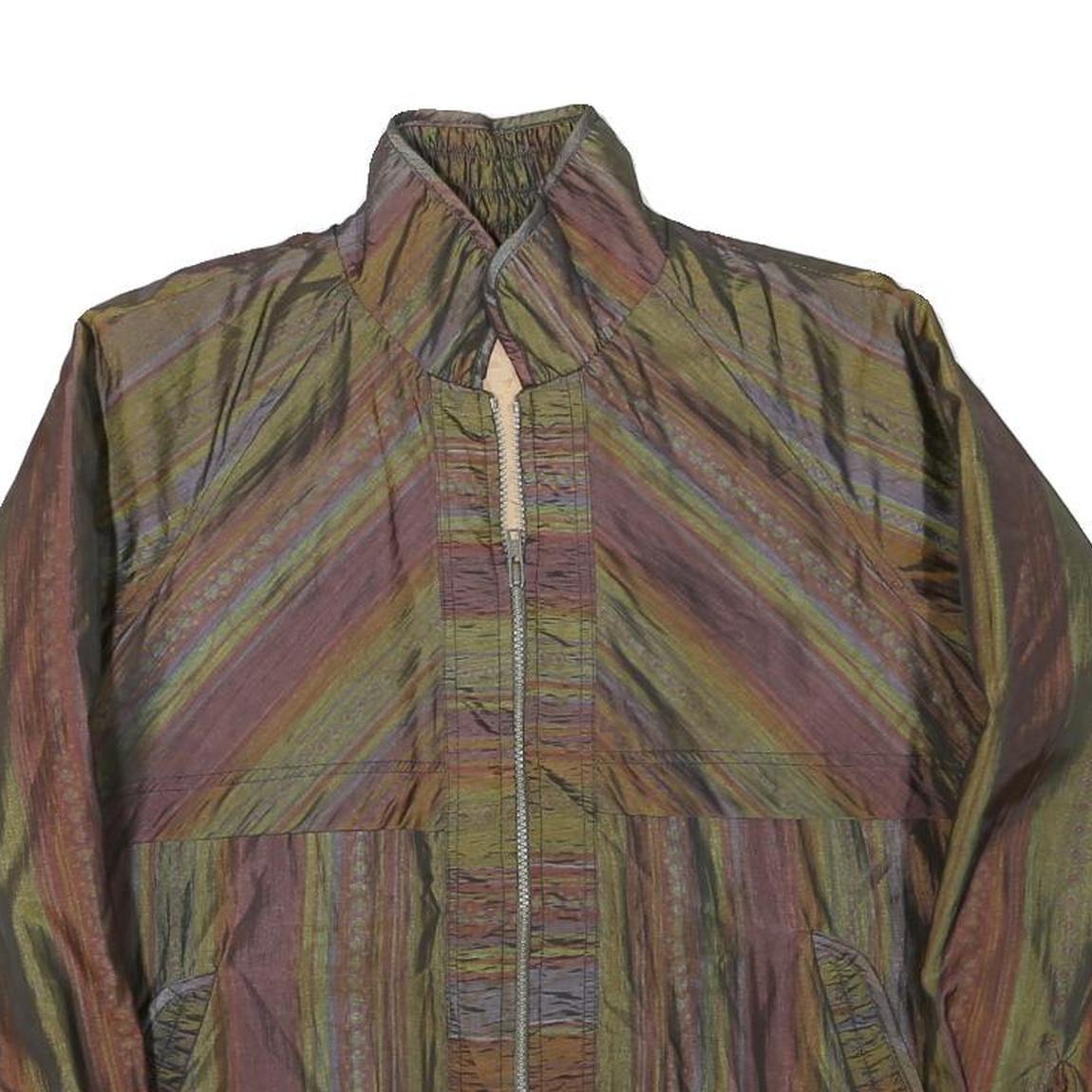 Womens Green & Brown Striped Casual Jacket M Polyester Blend Zip Plain