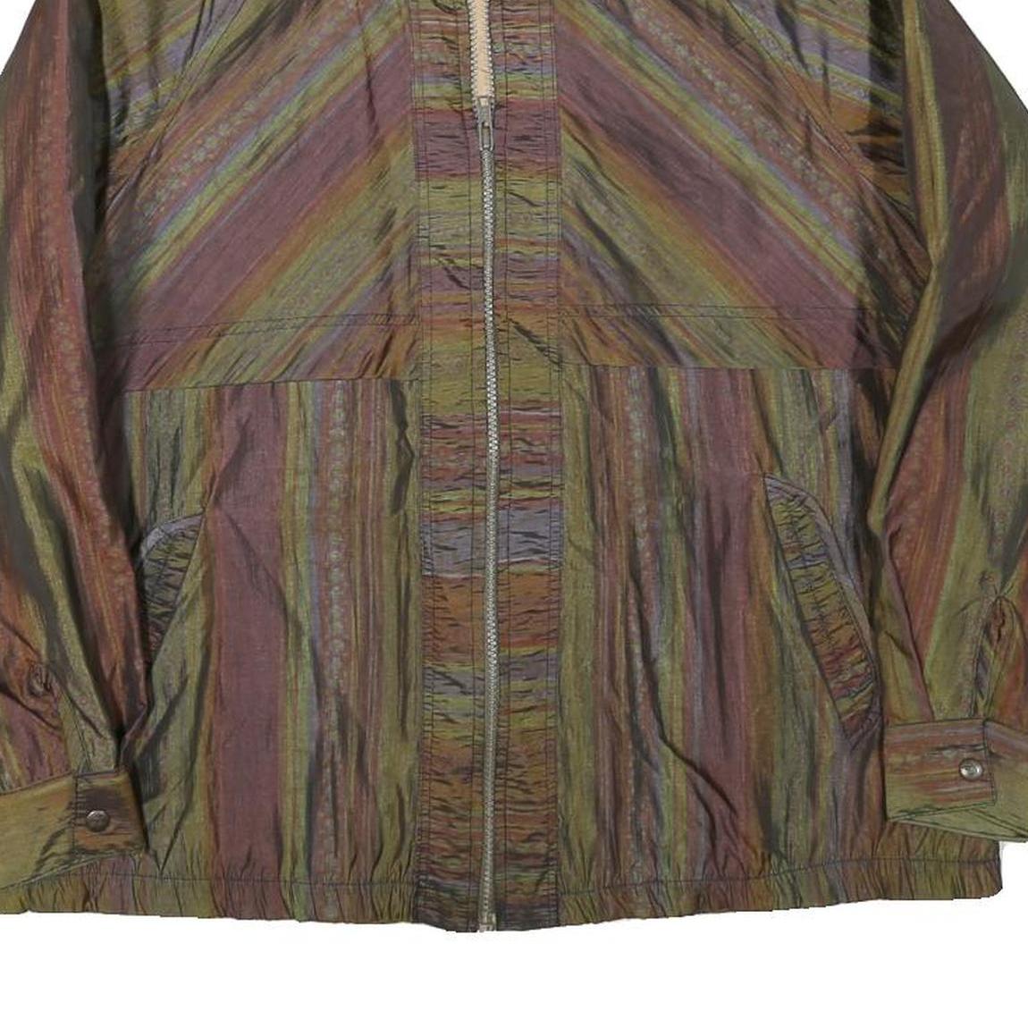 Womens Green & Brown Striped Casual Jacket M Polyester Blend Zip Plain