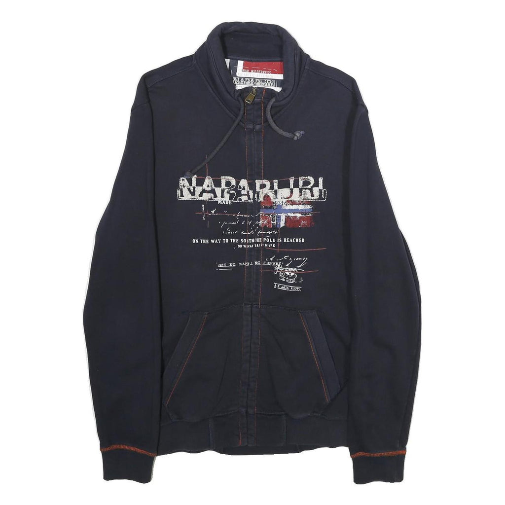 NAPAPIJRI Mens Navy Blue Jacket L Cotton Zip Up Casual Printed Logo