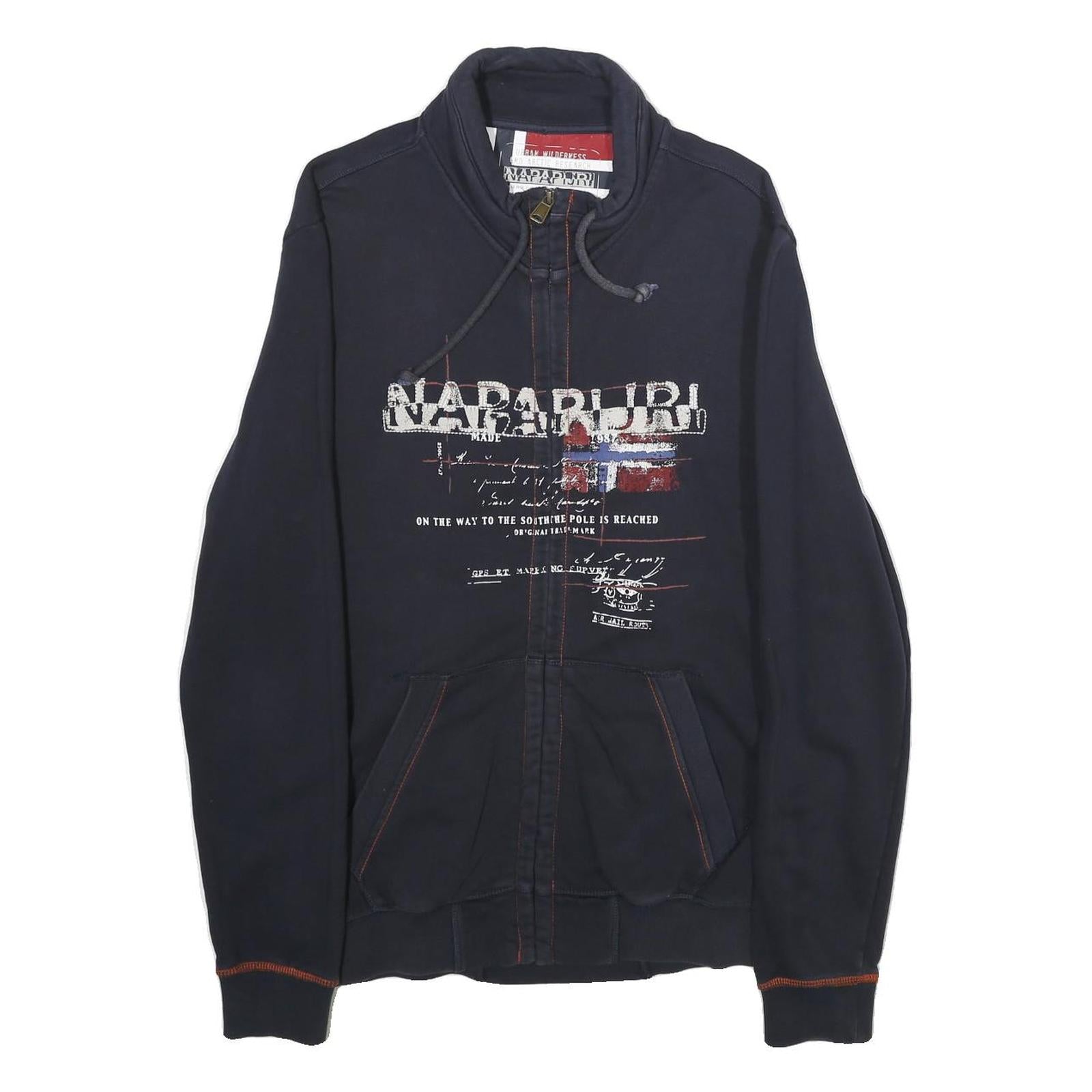 NAPAPIJRI Mens Navy Blue Jacket L Cotton Zip Up Casual Printed Logo