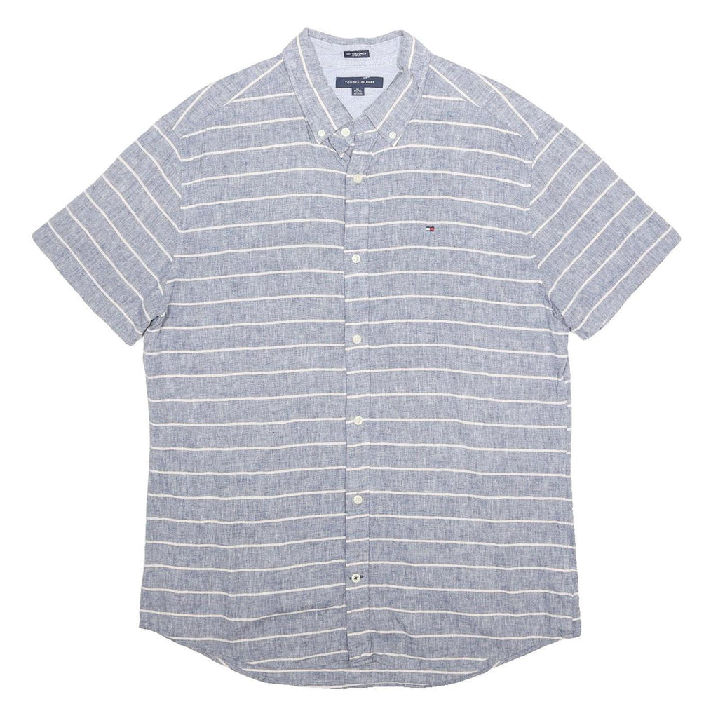 TOMMY HILFIGER Mens Blue & White Striped Linen Blend Shirt XL Casual Button-Down
