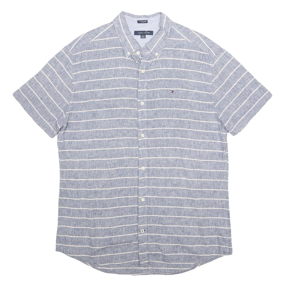 TOMMY HILFIGER Mens Blue & White Striped Linen Blend Shirt XL Casual Button-Down