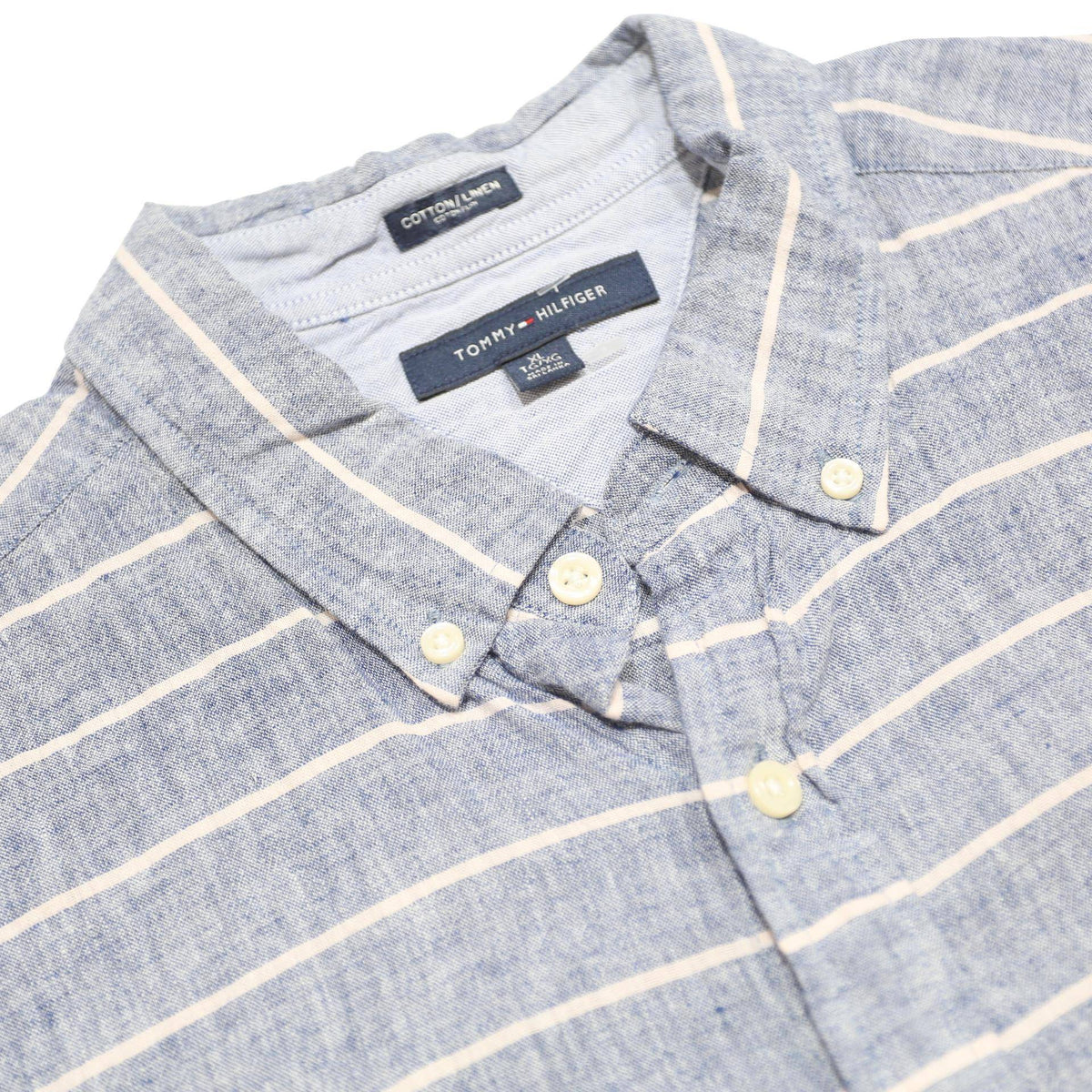 TOMMY HILFIGER Mens Blue & White Striped Linen Blend Shirt XL Casual Button-Down