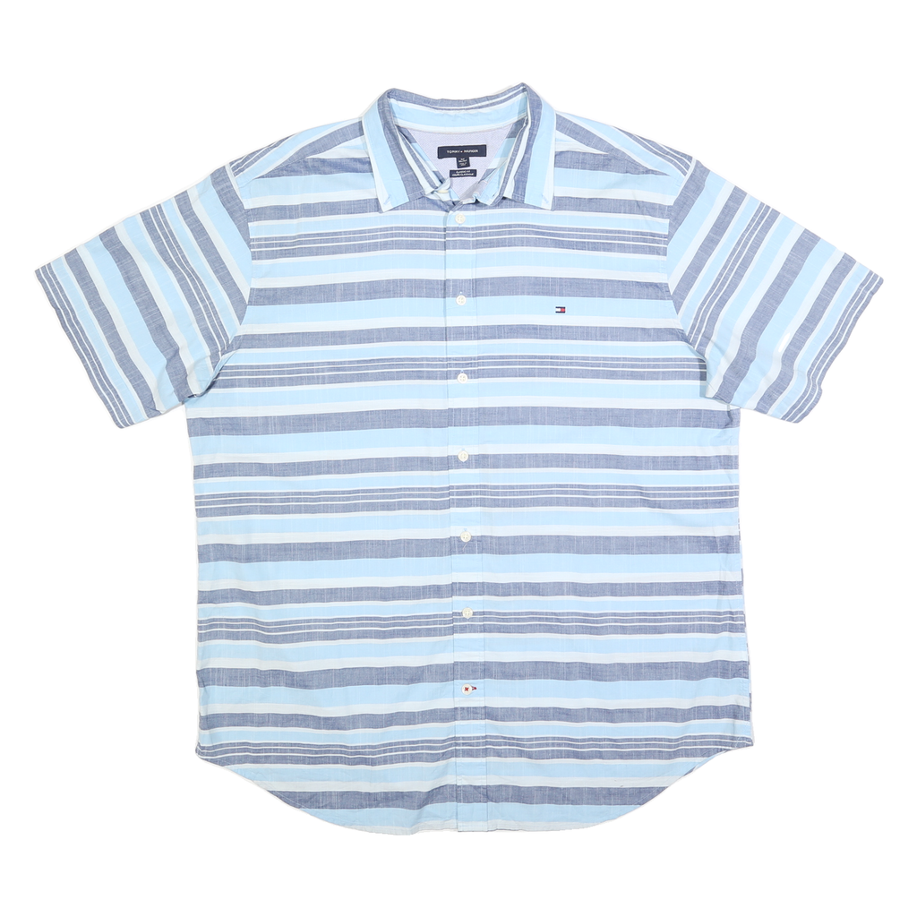 TOMMY HILFIGER Mens Blue & Grey Striped Shirt 2XL Cotton Blend Casual Summer