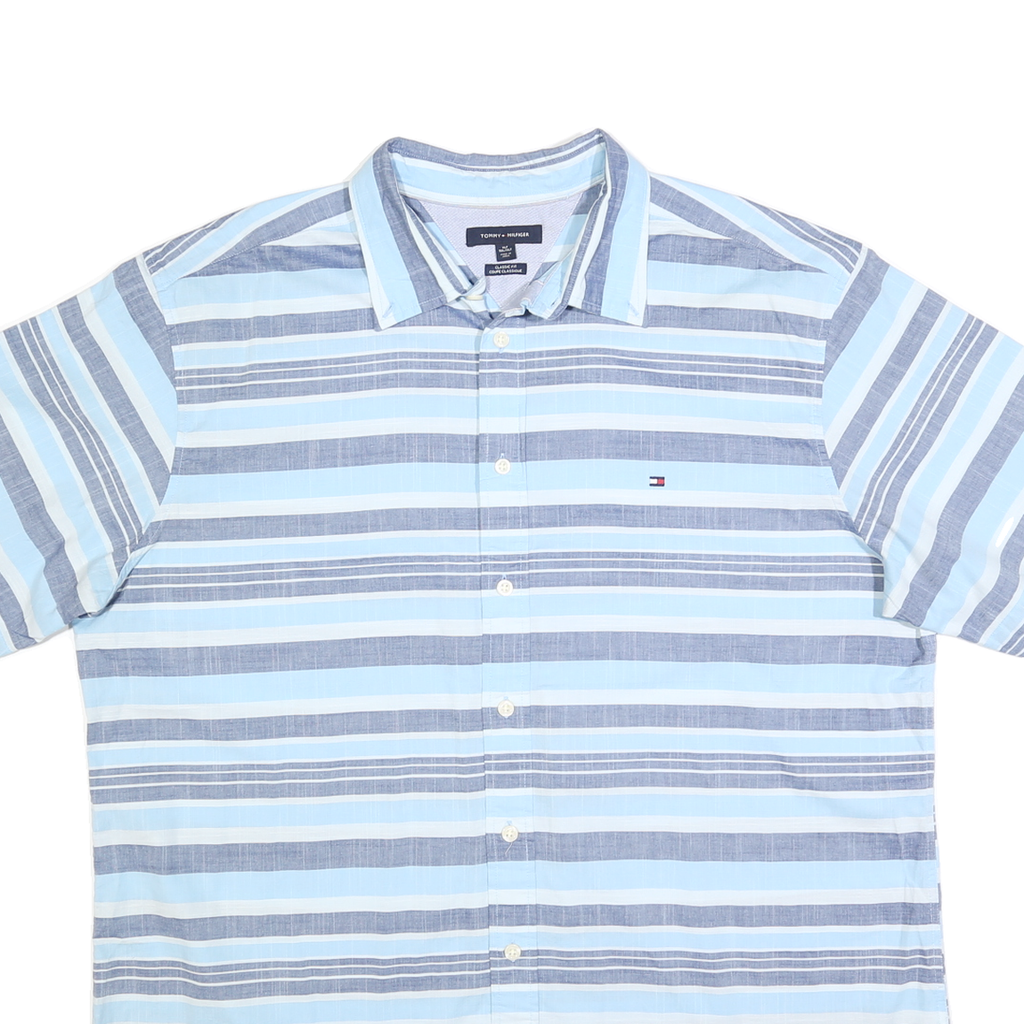TOMMY HILFIGER Mens Blue & Grey Striped Shirt 2XL Cotton Blend Casual Summer