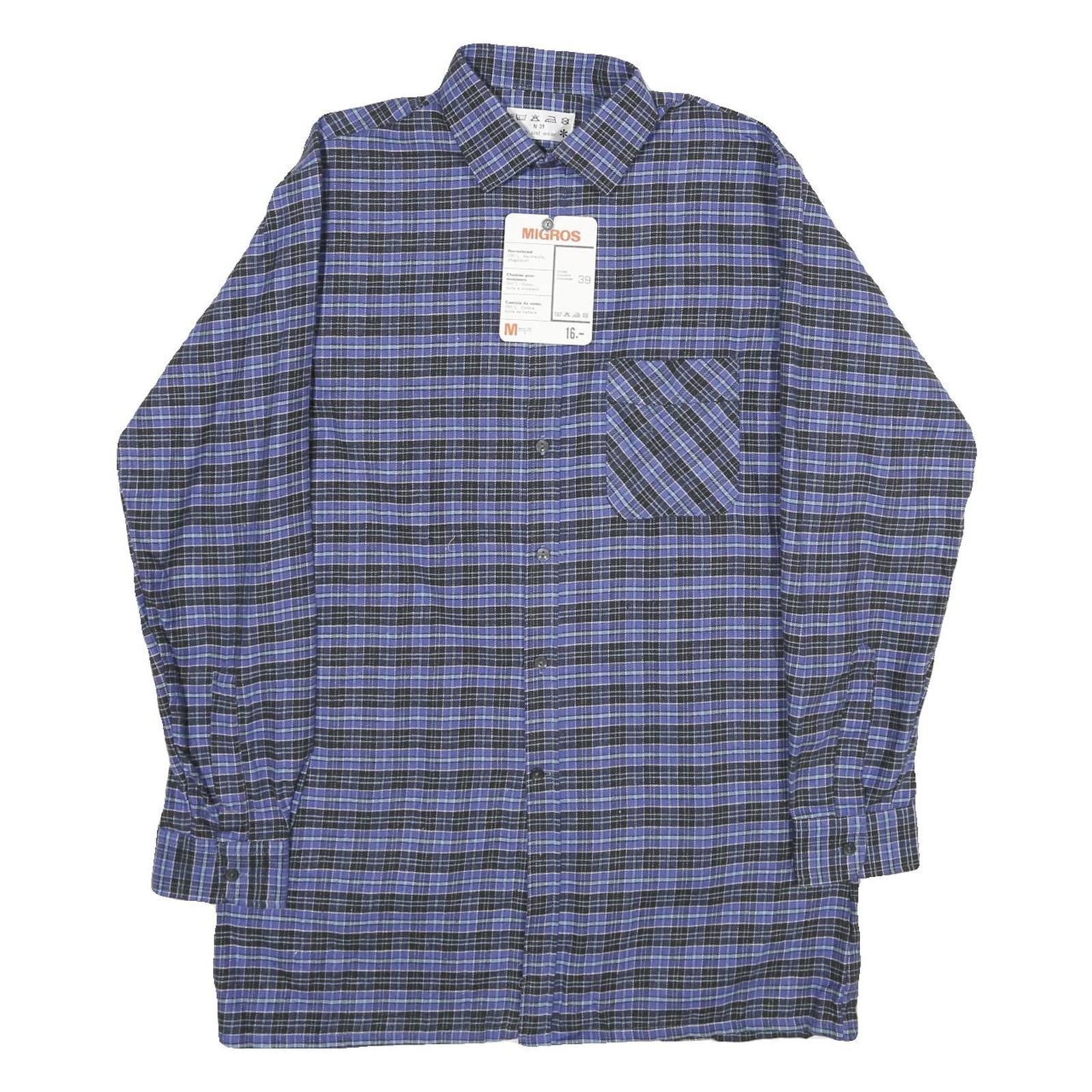 MIGROS Mens Blue & Black Check Shirt M Cotton Long Sleeve Casual Button