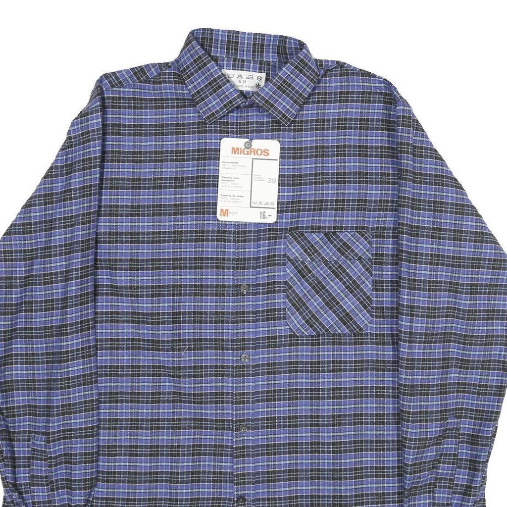 MIGROS Mens Blue & Black Check Shirt M Cotton Long Sleeve Casual Button