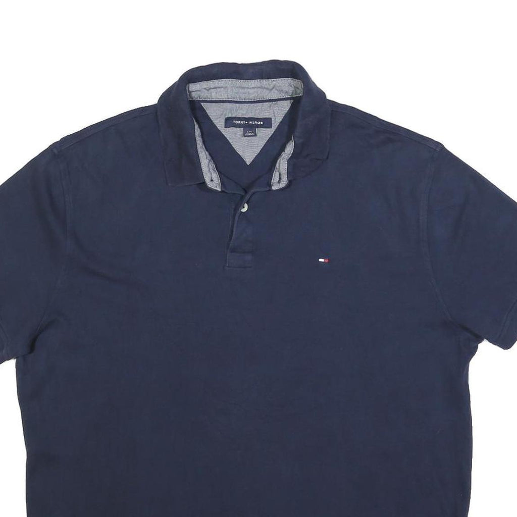 TOMMY HILFIGER Mens Navy Blue Polo Shirt L Cotton Blend Short Sleeve Classic