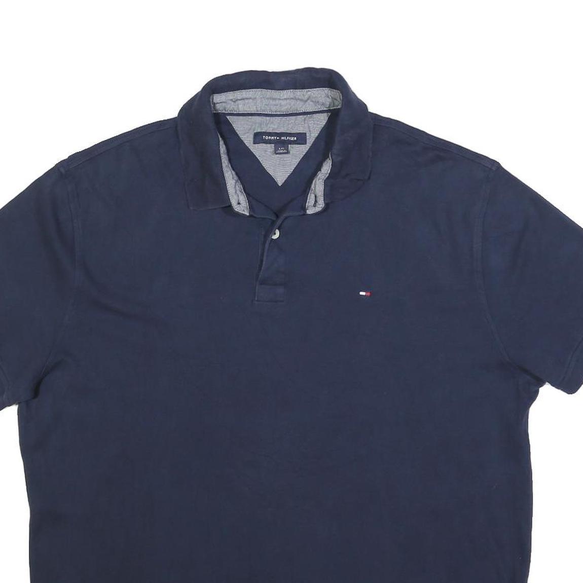TOMMY HILFIGER Mens Navy Blue Polo Shirt L Cotton Blend Short Sleeve Classic