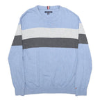 TOMMY HILFIGER Mens Blue Grey Colourblock Patterned Cotton Crew Neck Jumper XL