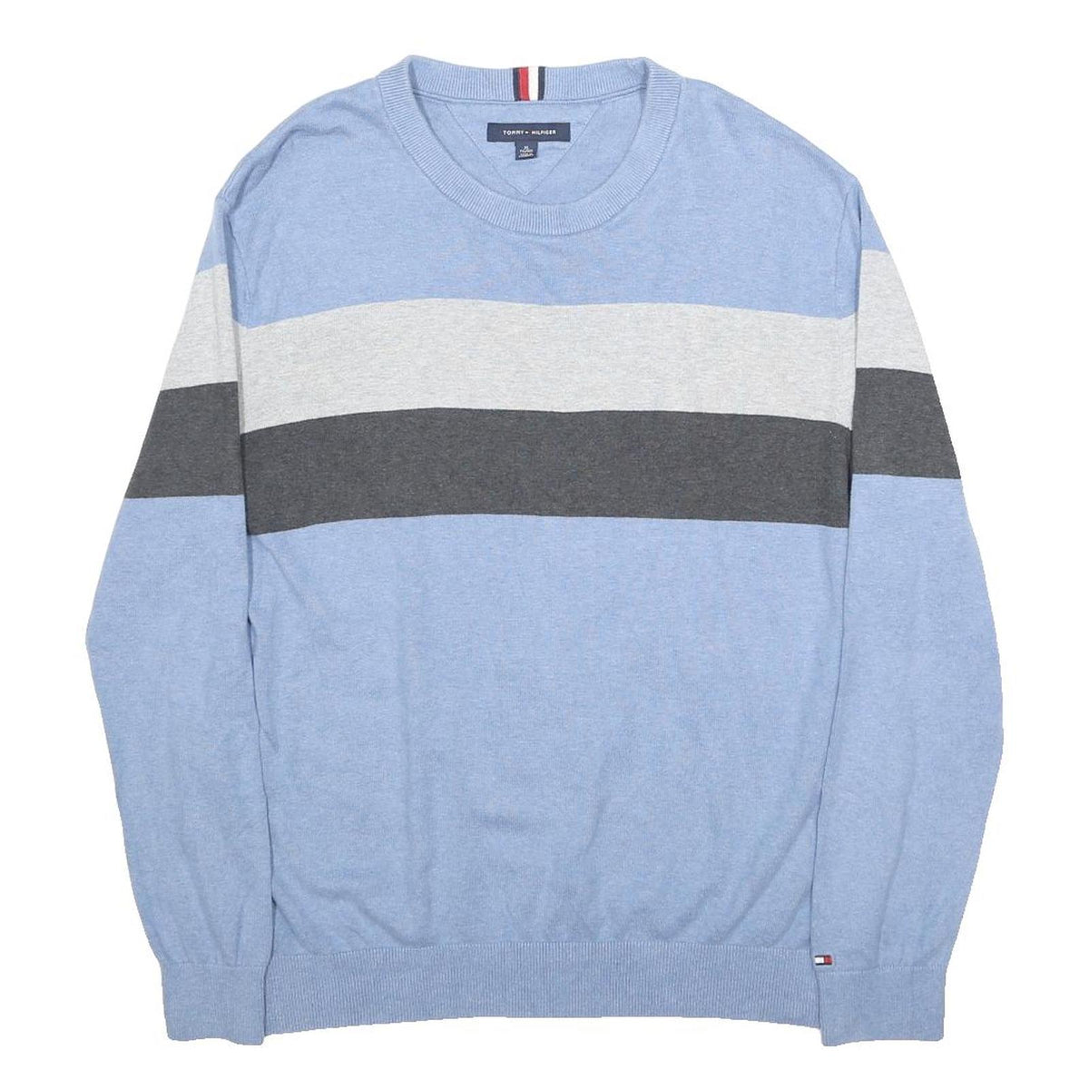 TOMMY HILFIGER Mens Blue Grey Colourblock Patterned Cotton Crew Neck Jumper XL