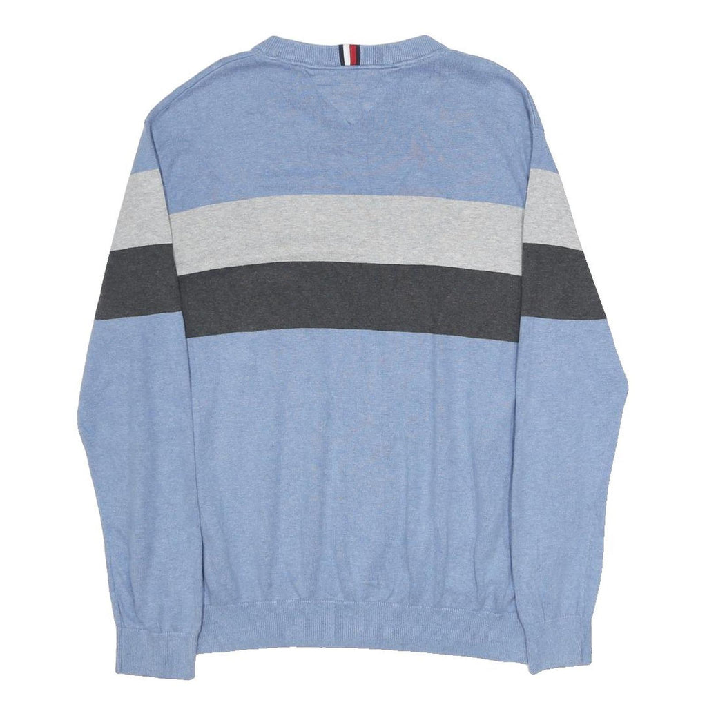 TOMMY HILFIGER Mens Blue Grey Colourblock Patterned Cotton Crew Neck Jumper XL