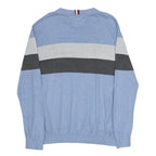 TOMMY HILFIGER Mens Blue Grey Colourblock Patterned Cotton Crew Neck Jumper XL