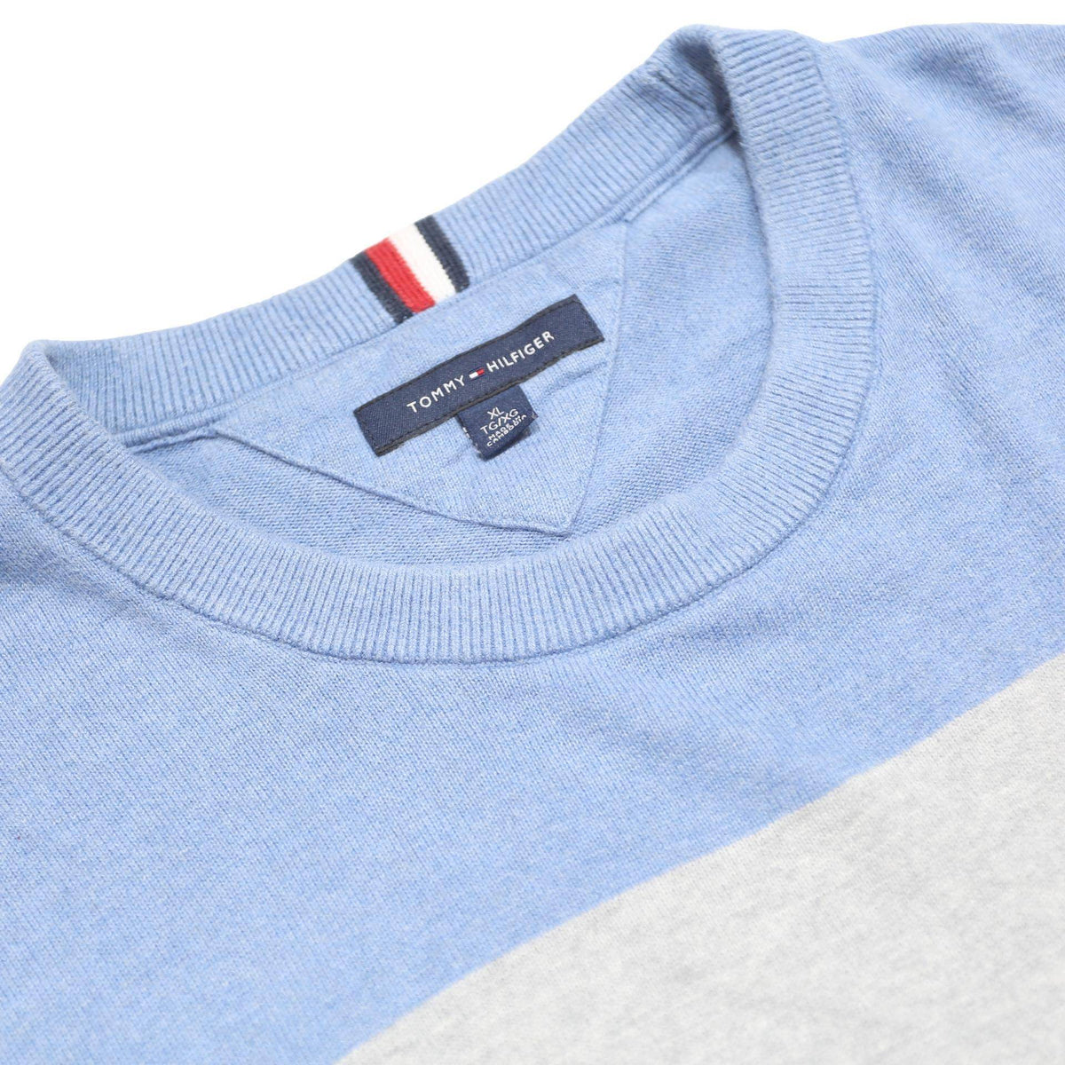 TOMMY HILFIGER Mens Blue Grey Colourblock Patterned Cotton Crew Neck Jumper XL