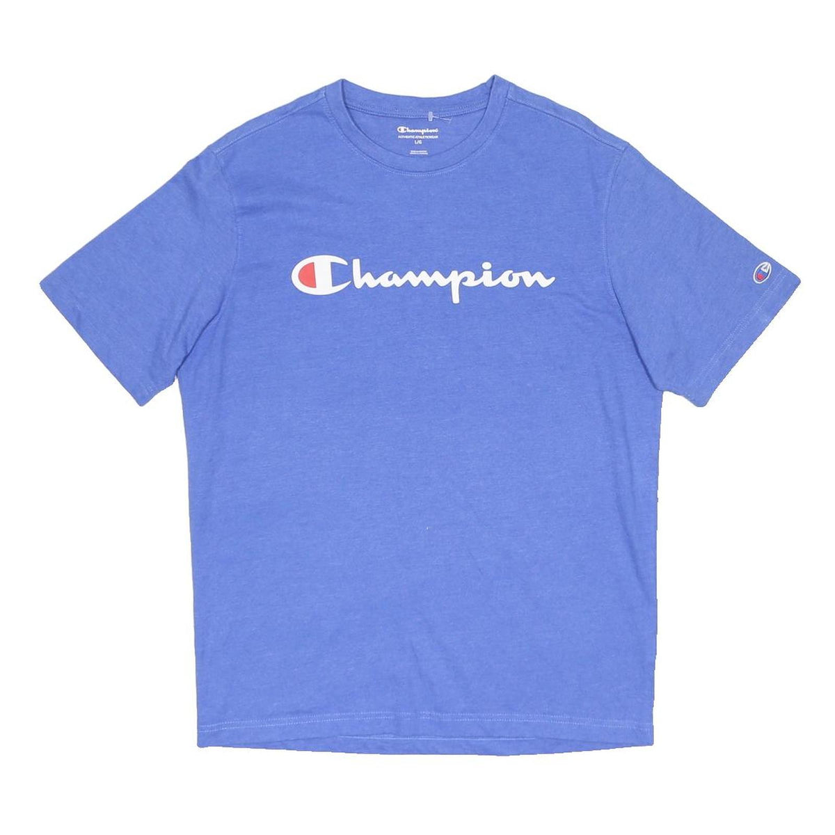 CHAMPION Mens Blue Logo Graphic T-Shirt L Short Sleeve Crew Neck Cotton Blend