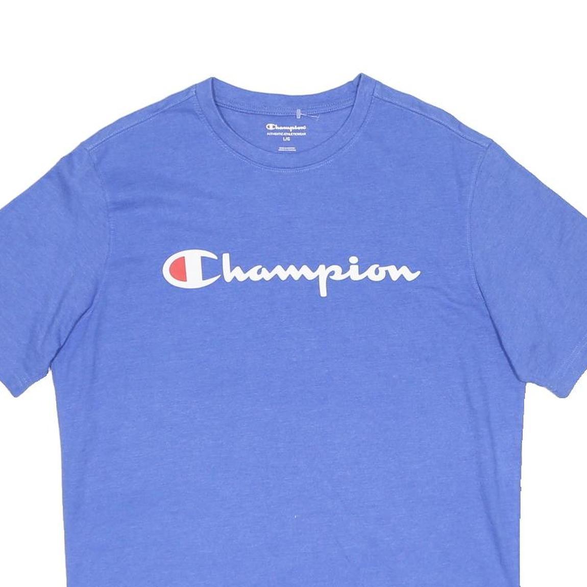 CHAMPION Mens Blue Logo Graphic T-Shirt L Short Sleeve Crew Neck Cotton Blend