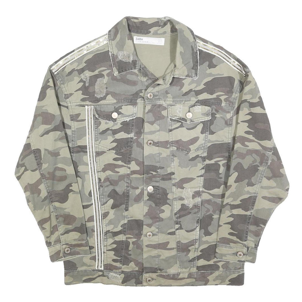 ZARA Womens Green Camouflage Cotton Button Jacket S Distressed Denim Casual