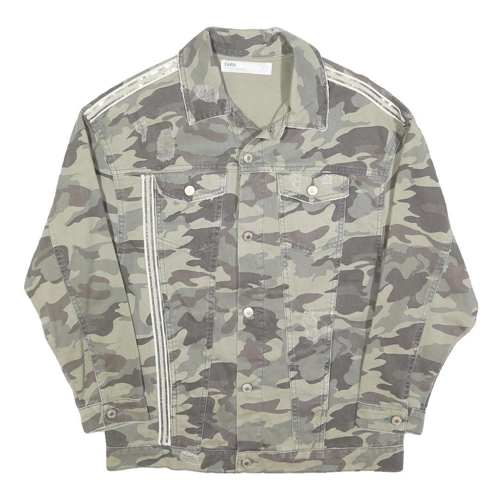 ZARA Womens Green Camouflage Cotton Button Jacket S Distressed Denim Casual