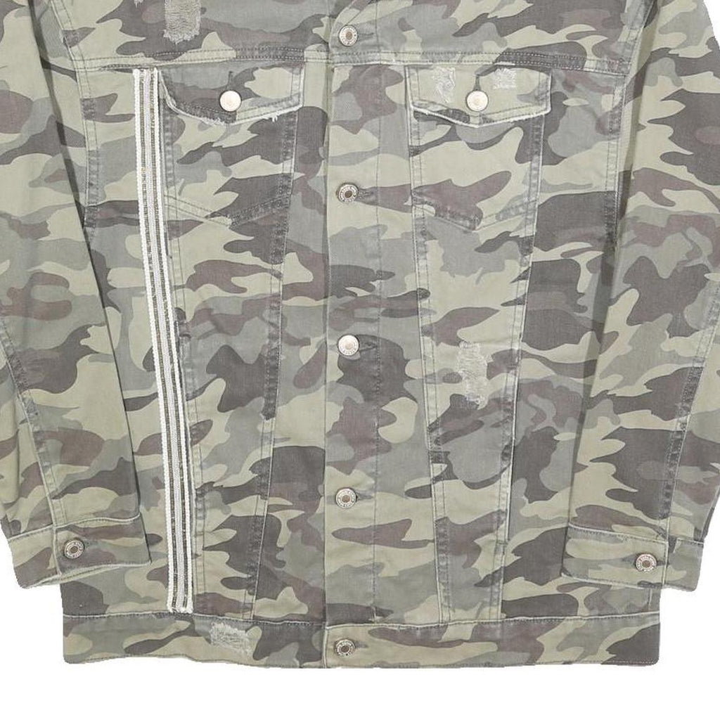 ZARA Womens Green Camouflage Cotton Button Jacket S Distressed Denim Casual