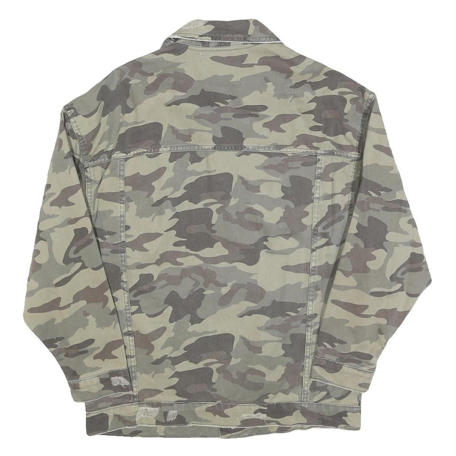 ZARA Womens Green Camouflage Cotton Button Jacket S Distressed Denim Casual