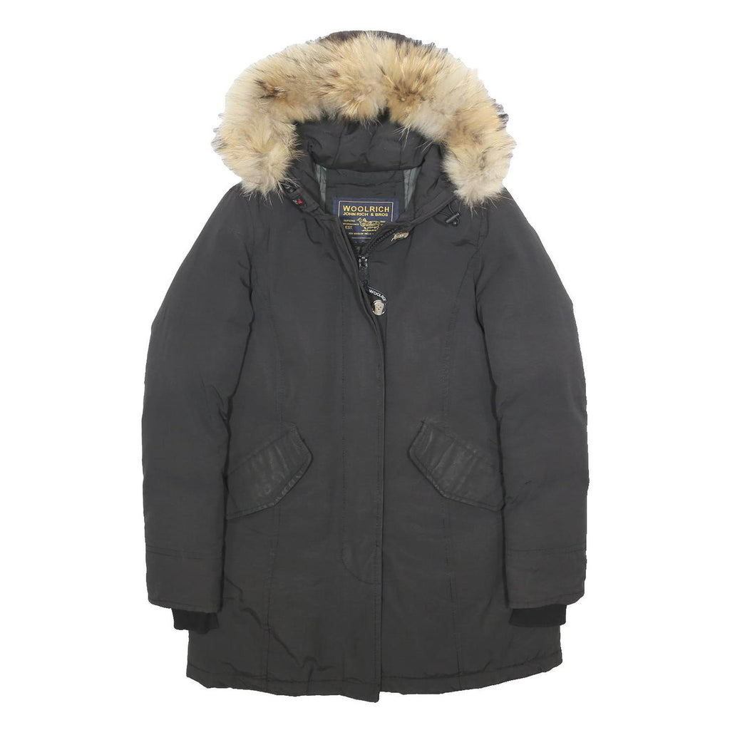 WOOLRICH Womens Black Cotton Blend Parka Jacket S Tailored Fit Hooded Zip