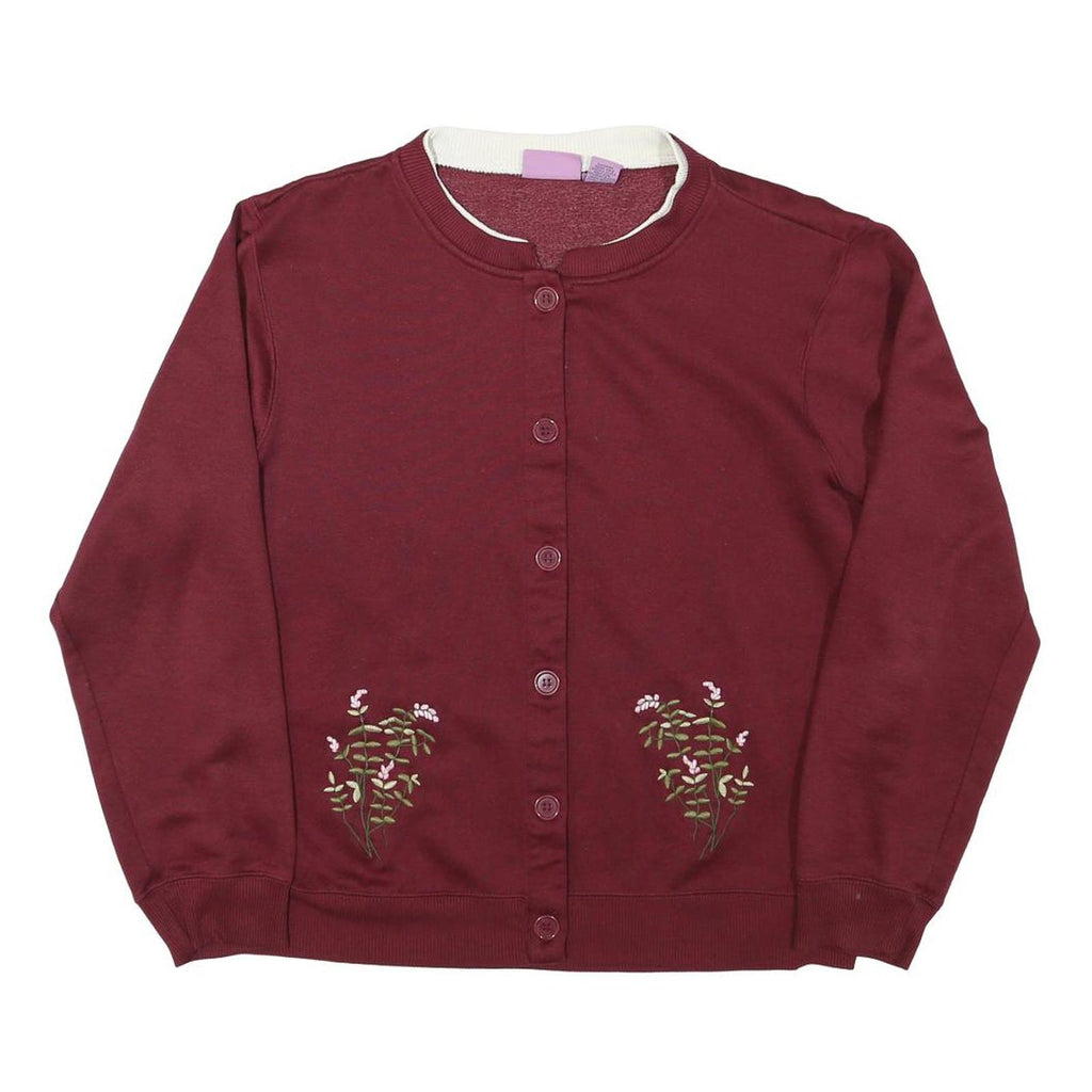 PREMIER Womens Maroon Floral Pattern Button Up Jumper Round Neck Basic Knit XL