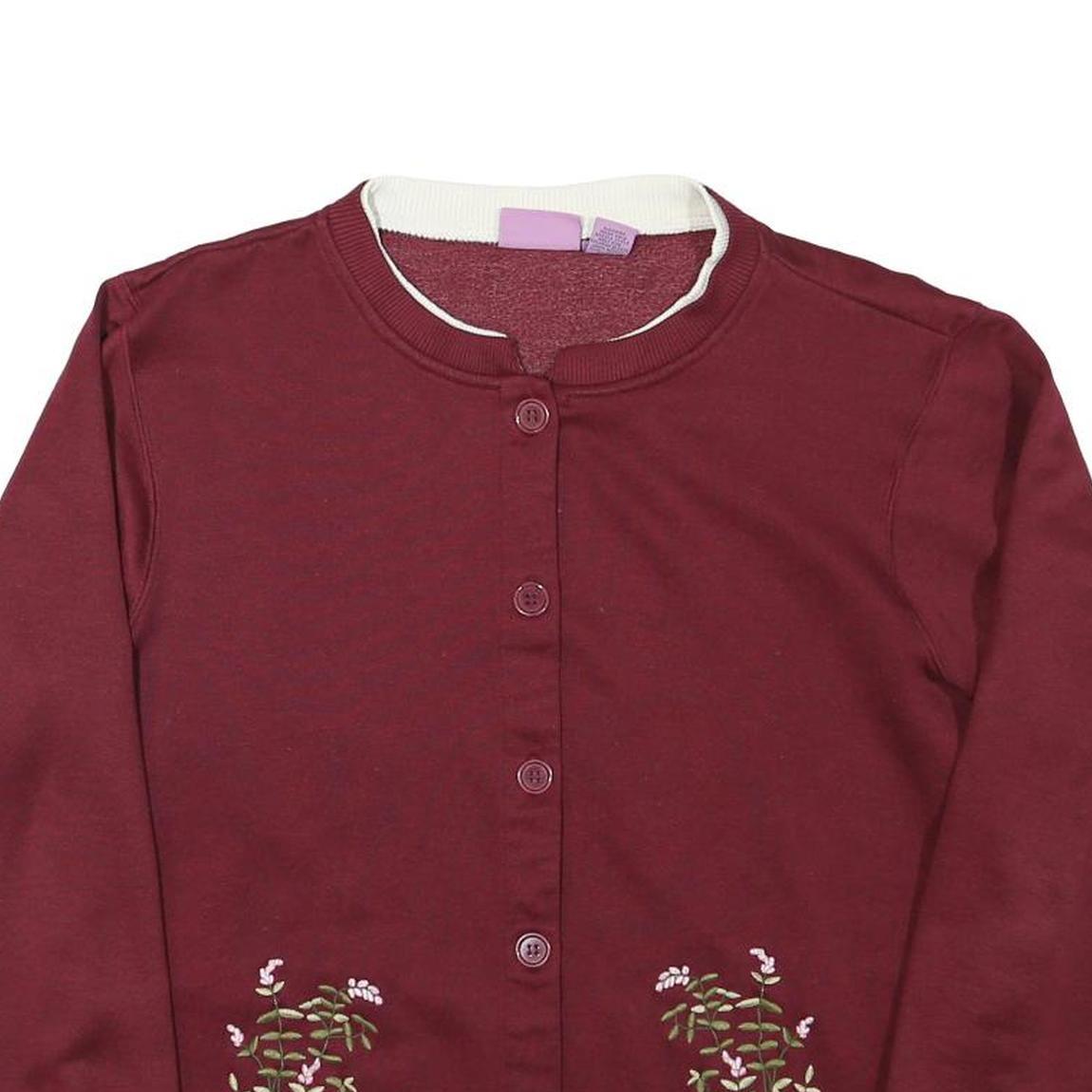 PREMIER Womens Maroon Floral Pattern Button Up Jumper Round Neck Basic Knit XL