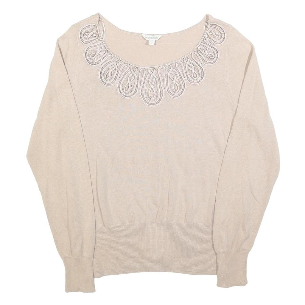 MONSOON Womens Beige Cotton Blend Embroidered Neck Top Long Sleeve Scoop Neck L
