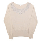 MONSOON Womens Beige Cotton Blend Embroidered Neck Top Long Sleeve Scoop Neck L