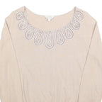 MONSOON Womens Beige Cotton Blend Embroidered Neck Top Long Sleeve Scoop Neck L