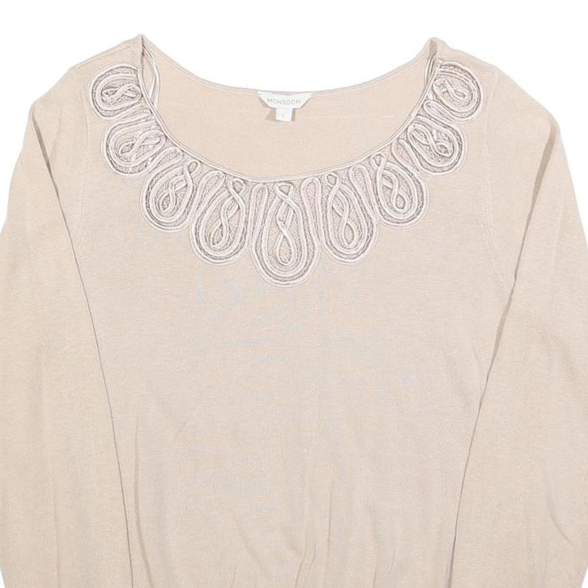 MONSOON Womens Beige Cotton Blend Embroidered Neck Top Long Sleeve Scoop Neck L
