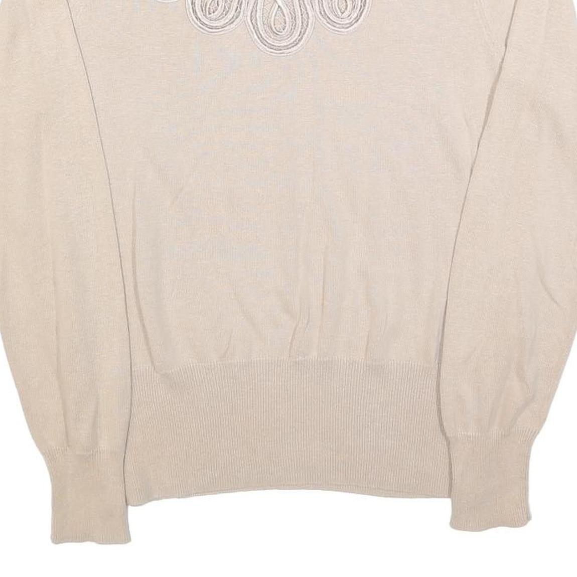 MONSOON Womens Beige Cotton Blend Embroidered Neck Top Long Sleeve Scoop Neck L