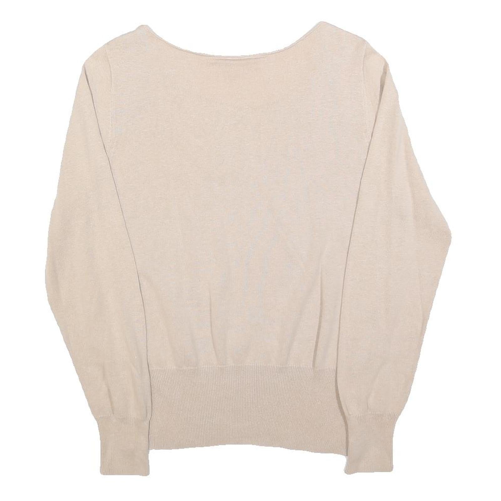 MONSOON Womens Beige Cotton Blend Embroidered Neck Top Long Sleeve Scoop Neck L