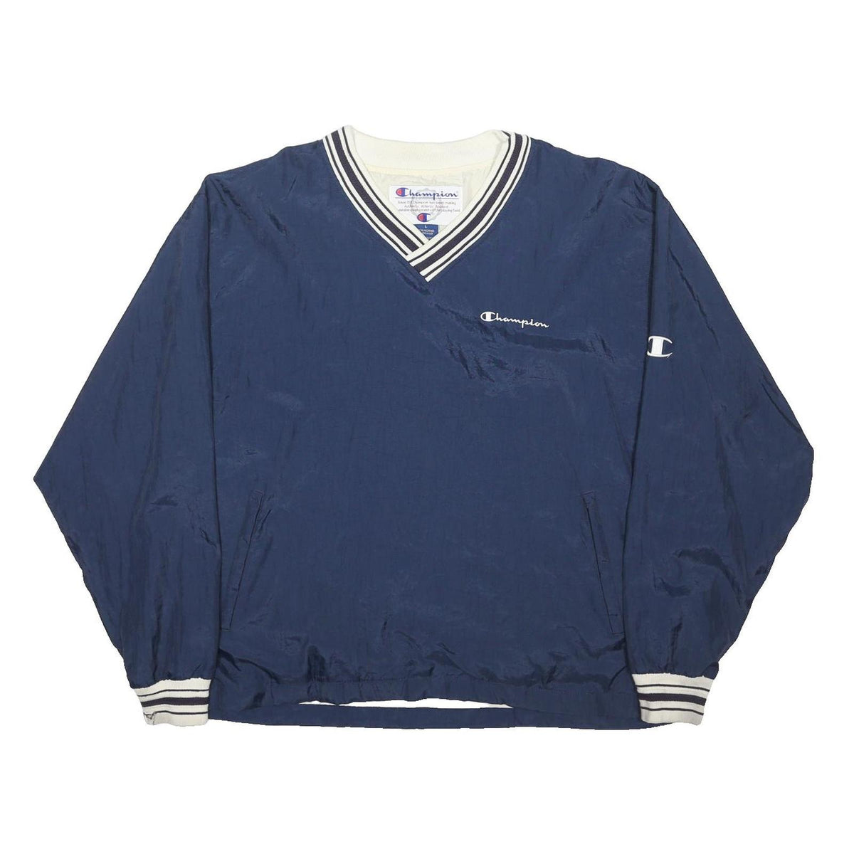 CHAMPION Mens Navy Blue Track Jacket L Polyester Blend V Neck Striped Cuffs