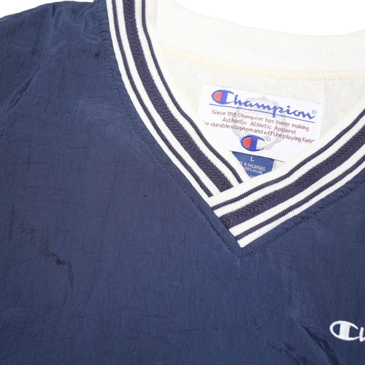 CHAMPION Mens Navy Blue Track Jacket L Polyester Blend V Neck Striped Cuffs
